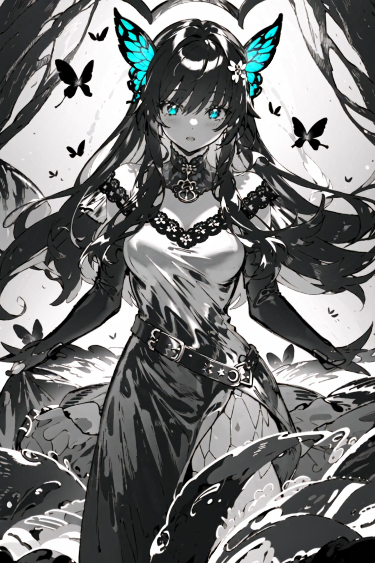 masterpiece,best quality,1girl,,monochrome,glowing,dress,butterfly,  <lora:Dark-000016:1>,looking at viewer,